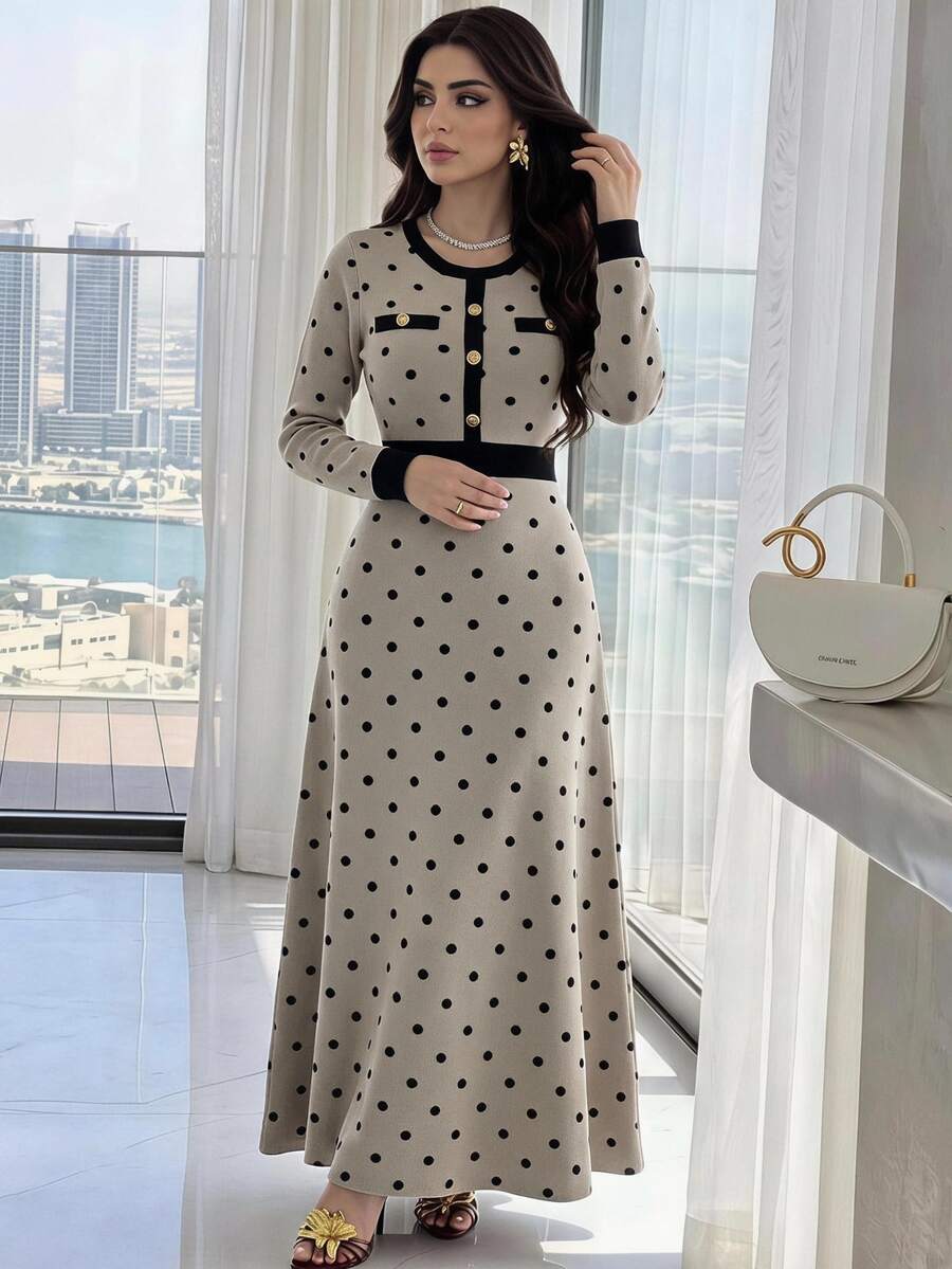 Feyla Women's Elegant Polka Dot Knit Dress, Autumn/Winter