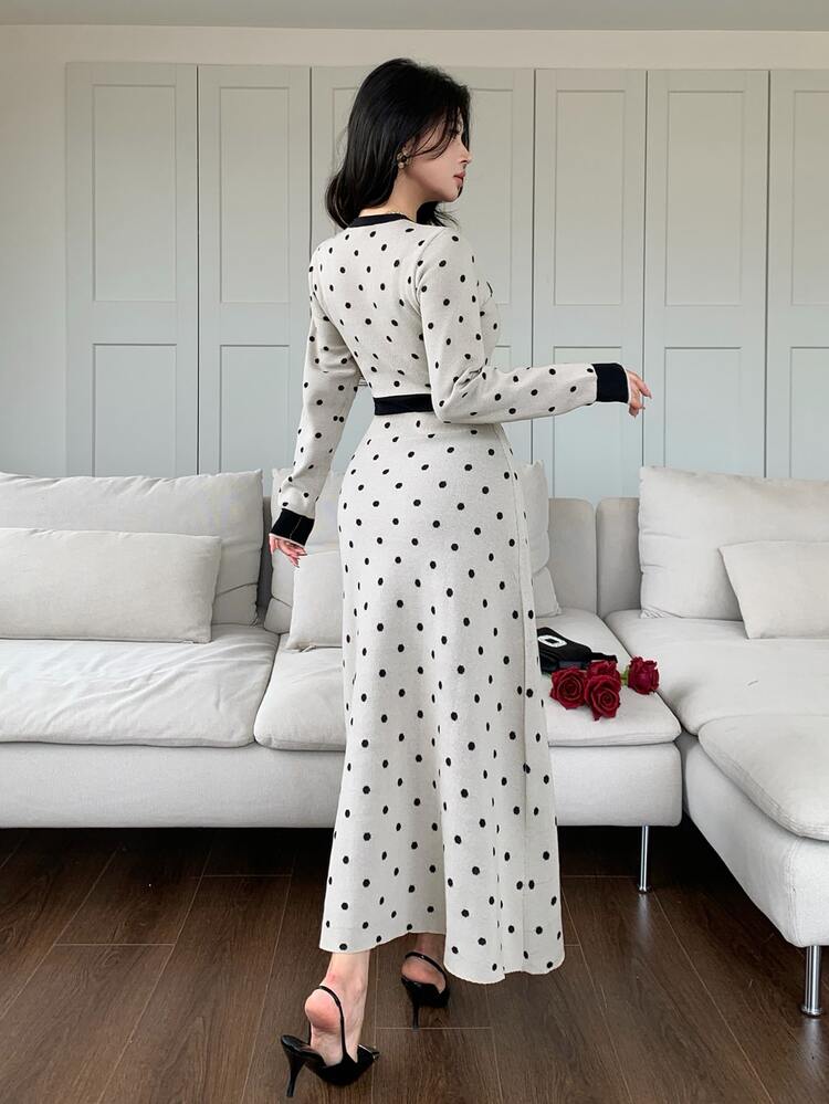 Feyla Gaun Rajut Polkadot Elegan untuk Wanita, Musim Gugur/Dingin - Dusty Purple - View 2