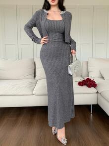 Feyla Women's Solid Color Spaghetti Strap Dress And Cardigan Casual 2 Pieces Set - Grey - View 5