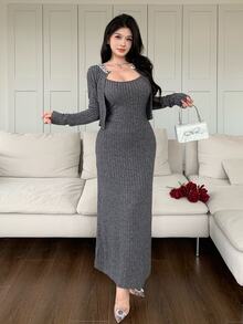 Feyla Women's Solid Color Spaghetti Strap Dress And Cardigan Casual 2 Pieces Set - Grey - View 6