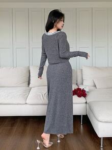 Feyla Women's Solid Color Spaghetti Strap Dress And Cardigan Casual 2 Pieces Set - Grey - View 3