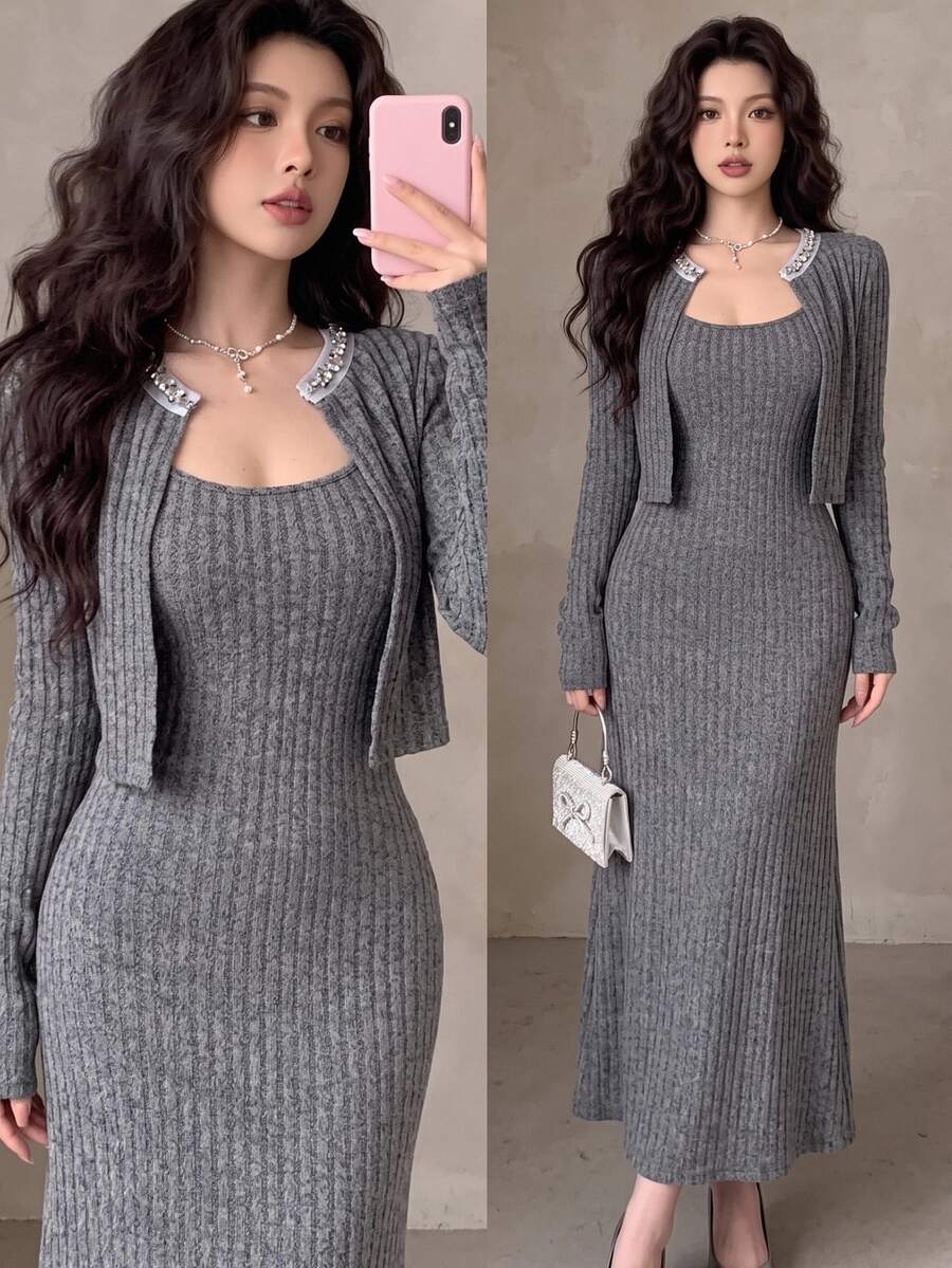 Feyla Women's Solid Color Spaghetti Strap Dress And Cardigan Casual 2 Pieces Set