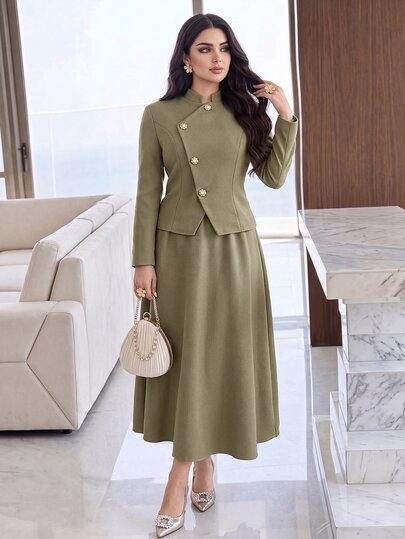 Feyla Ensemble 2 pièces mode pour femme, Top à col montant manches longues et jupe, couleur unie