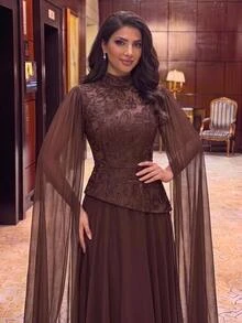 Aureia Elegant, Modest, And Sophisticated A-Line Dress Featuring A Tan Hue, Embroidered Lace Spliced ​​With Chiffon, A Mock-Layered Stand Collar Design - Coffee Brown - View 2
