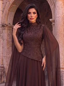 Aureia Elegant, Modest, And Sophisticated A-Line Dress Featuring A Tan Hue, Embroidered Lace Spliced ​​With Chiffon, A Mock-Layered Stand Collar Design - Coffee Brown - View 8