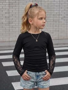 SHEIN Young Girl Solid Color Contrast Lace Long Sleeve Ruffle Casual T-Shirt - Multicolor - View 2