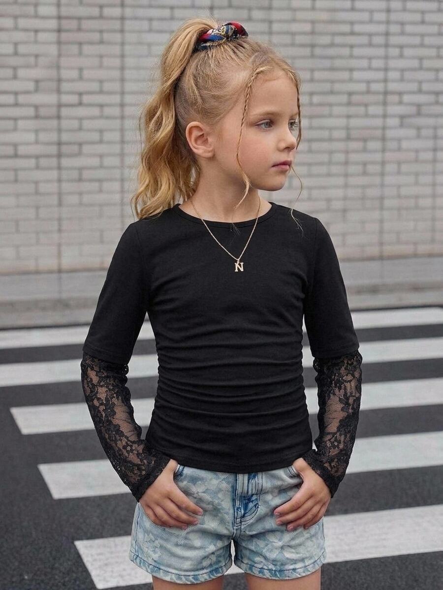 SHEIN Young Girl Solid Color Contrast Lace Long Sleeve Ruffle Casual T-Shirt - Multicolor - View 1