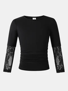 SHEIN Young Girl Solid Color Contrast Lace Long Sleeve Ruffle Casual T-Shirt - Multicolor - View 3