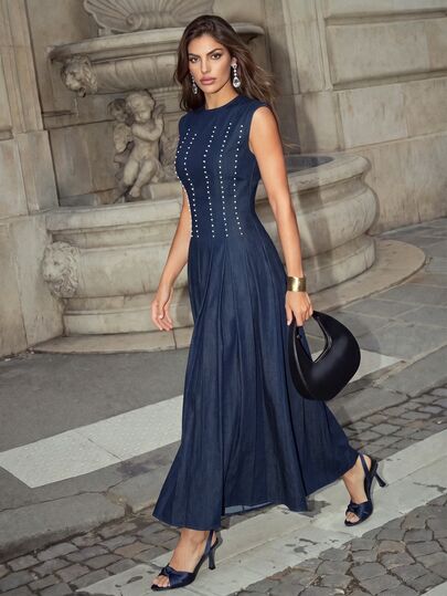 Anewsta Elegant Modern Irregular Pearl Decor Sleeveless Cap Sleeve Small Round Neck Waist-Cinched A-Line Pleated Full Skirt Long Dress For Women