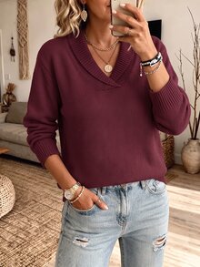 Balvessa Autumn/Winter New Casual Versatile Solid Color Shawl Collar Knit Sweater Top - Burgundy - View 6