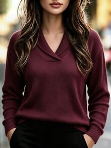 Balvessa Autumn/Winter New Casual Versatile Solid Color Shawl Collar Knit Sweater Top - Burgundy - View 7