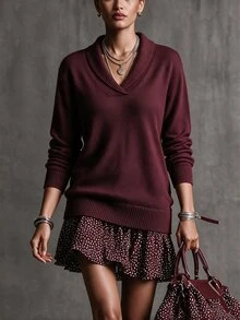 Balvessa Autumn/Winter New Casual Versatile Solid Color Shawl Collar Knit Sweater Top - Burgundy - View 8