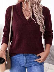 Balvessa Autumn/Winter New Casual Versatile Solid Color Shawl Collar Knit Sweater Top - Burgundy - View 2