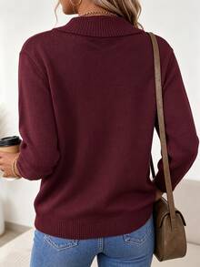 Balvessa Autumn/Winter New Casual Versatile Solid Color Shawl Collar Knit Sweater Top - Burgundy - View 3