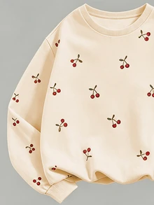 Setelan 2 Potong Motif Ceri Manis untuk Anak Perempuan, Atasan Lengan Panjang Leher Bulat + Celana Panjang Lebar Pinggang Elastis, Pakaian Kasual untuk Anak Perempuan Remaja, Nuansa Nyaman, Nuansa Musim Gugur - MultiWarna - View 4