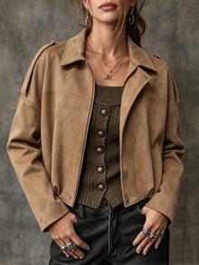 SHEIN Vintage Lapel Faux Suede Oversized Cropped Bomber Jacket With Shoulder Tabs & Snap Buttons For Women - Khaki - View 5