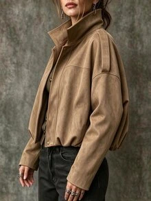SHEIN Vintage Lapel Faux Suede Oversized Cropped Bomber Jacket With Shoulder Tabs & Snap Buttons For Women - Khaki - View 4