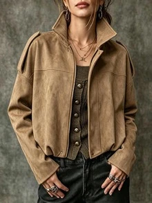 SHEIN Vintage Lapel Faux Suede Oversized Cropped Bomber Jacket With Shoulder Tabs & Snap Buttons For Women - Khaki - View 1