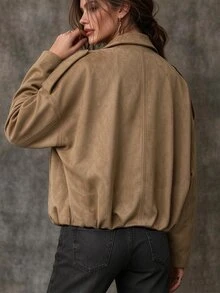 SHEIN Vintage Lapel Faux Suede Oversized Cropped Bomber Jacket With Shoulder Tabs & Snap Buttons For Women - Khaki - View 2