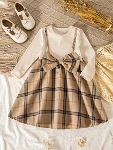 SHEIN 女童小女孩拼接格紋蝴蝶結裝飾 2合1長袖洋裝 - 彩色 - 查看 6