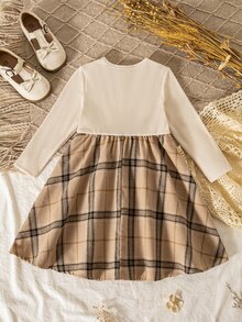 SHEIN 女童小女孩拼接格紋蝴蝶結裝飾 2合1長袖洋裝 - 彩色 - 查看 7