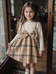 SHEIN 女童小女孩拼接格紋蝴蝶結裝飾 2合1長袖洋裝 - 彩色 - 查看 2