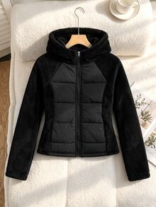 SHEIN Sparklyn 青少年女孩黑色拼接抓絨連帽短款填充外套，長袖，休閒寬鬆可愛冬季保暖外套 - 黑色 - 查看 5