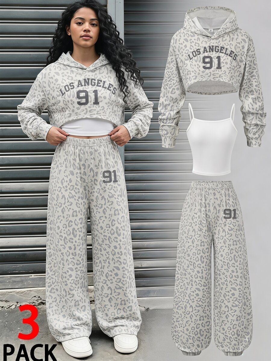 SHEIN 3pcs/Set Girls Camouflage Pattern Sweatshirt Top & Camouflage Casual Cuffed Leg Pants Outfit, Suitable For Spring And Autumn Daily Wear - White - View 1