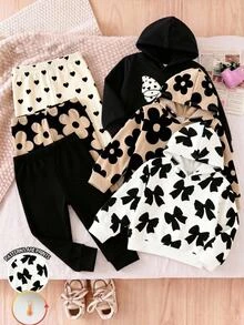 SHEIN 兒童女童全印花連帽衛衣與運動長褲休閒日常套裝 - 彩色 - 查看 1