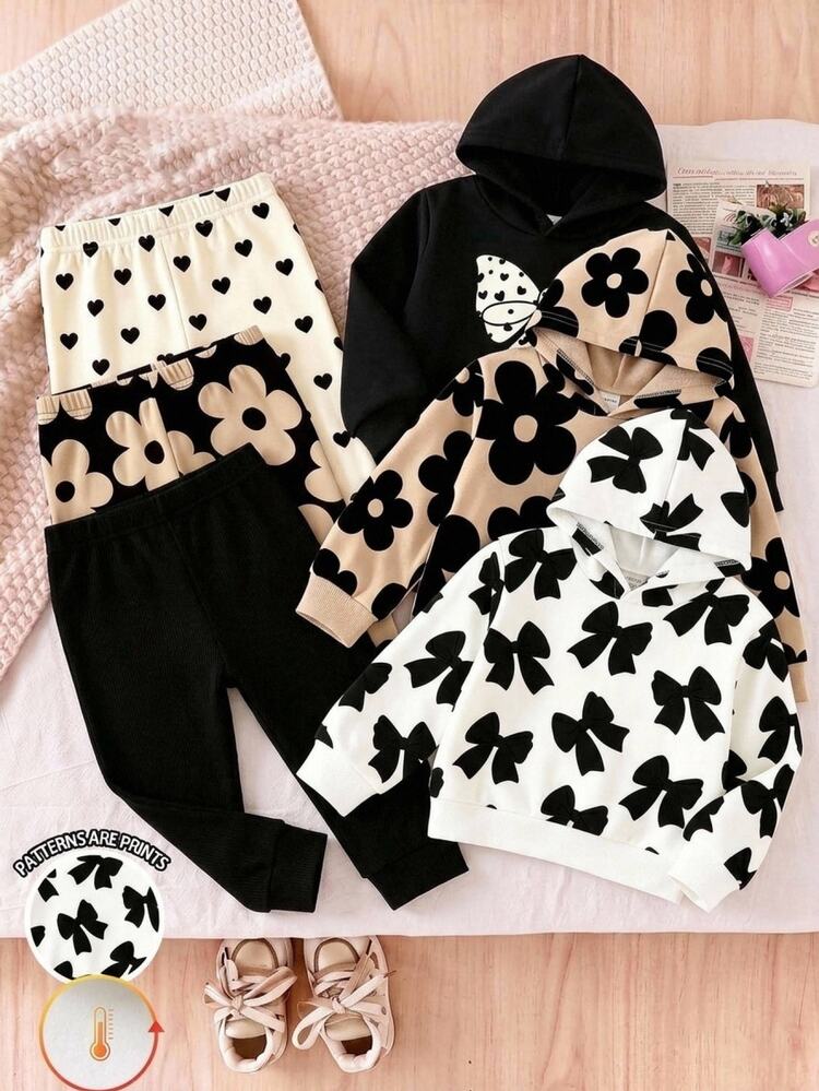 SHEIN Kids Young Girl All-Over Print Hoodie And Sweatpants Casual Daily Set Pcs - Multicolor - View 1