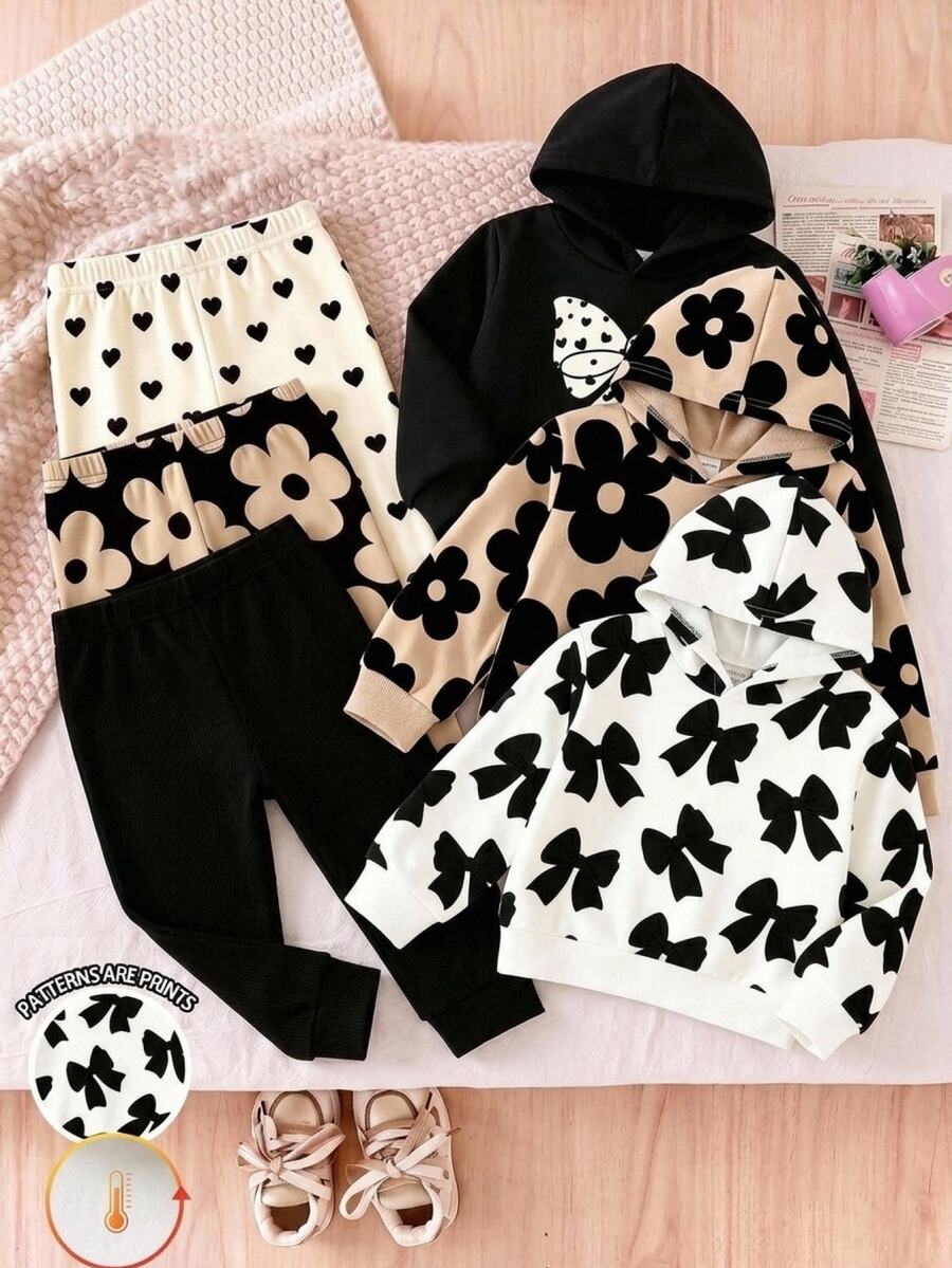 SHEIN 兒童女童全印花連帽衛衣與運動長褲休閒日常套裝 - 彩色 - 查看 1