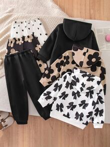 SHEIN 兒童女童全印花連帽衛衣與運動長褲休閒日常套裝 - 彩色 - 查看 4