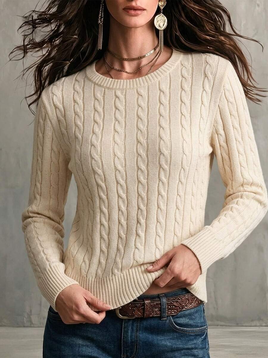 SHEIN 圓領扭繩修身套頭毛衣，秋冬早午餐白色休閒款 - 白色 - 查看 1