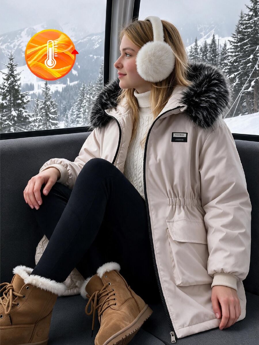 SHEIN 女童秋冬款深褐色中長版連帽收腰大口袋人造毛領可愛鋪棉外套,學生穿搭 - 杏色 - 查看 1