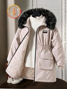 SHEIN 女童秋冬款深褐色中長版連帽收腰大口袋人造毛領可愛鋪棉外套，學生穿搭 - 杏色 - 查看 4