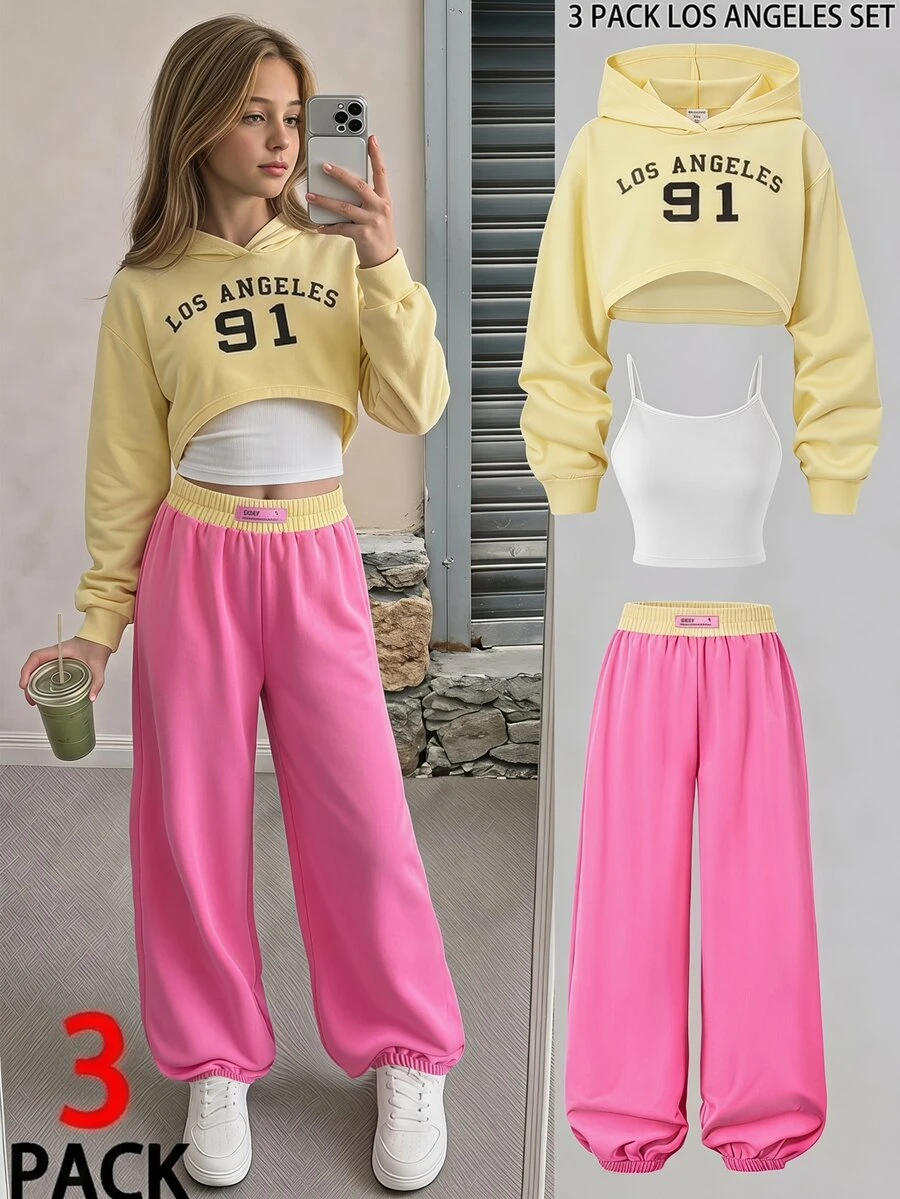 Spring/Autumn Girls' Sweet Athletic Cool Style 3 Pieces Set, Short Hooded Printed Sweatshirt Camisole Tank Top Pink Jogger Sweatpants Pastel White - Multicolor - View 1