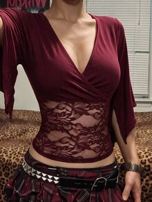 EgrlEra 女款性感深V領修身復古針織T恤 - 酒紅色 - 查看 5