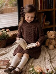 SHEIN Kids Young Girl Solid Color Knit Stand Collar Casual Sweater Autumn Dress - Multicolor - View 2