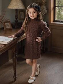 SHEIN Kids Young Girl Solid Color Knit Stand Collar Casual Sweater Autumn Dress - Multicolor - View 1