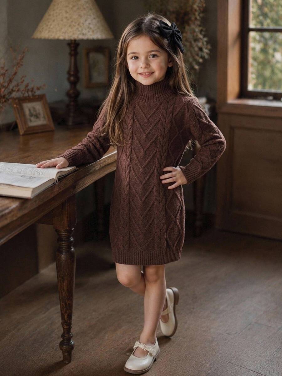 SHEIN Kids Young Girl Solid Color Knit Stand Collar Casual Sweater Autumn Dress - Multicolor - View 1