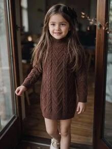 SHEIN Kids Young Girl Solid Color Knit Stand Collar Casual Sweater Autumn Dress - Multicolor - View 3