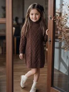 SHEIN Kids Young Girl Solid Color Knit Stand Collar Casual Sweater Autumn Dress - Multicolor - View 4