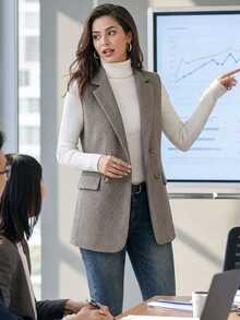 Editum Women's Herringbone Double-Breasted Sleeveless Blazer Summer Office Business Brown And White Polka Dot Casual - Khaki - View 3