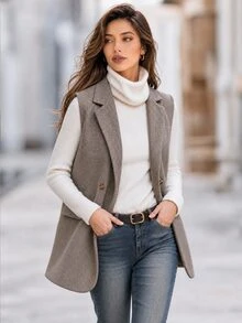 Editum Women's Herringbone Double-Breasted Sleeveless Blazer Summer Office Business Brown And White Polka Dot Casual - Khaki - View 6