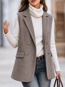 Editum Women's Herringbone Double-Breasted Sleeveless Blazer Summer Office Business Brown And White Polka Dot Casual - Khaki - View 12
