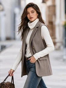 Editum Women's Herringbone Double-Breasted Sleeveless Blazer Summer Office Business Brown And White Polka Dot Casual - Khaki - View 2