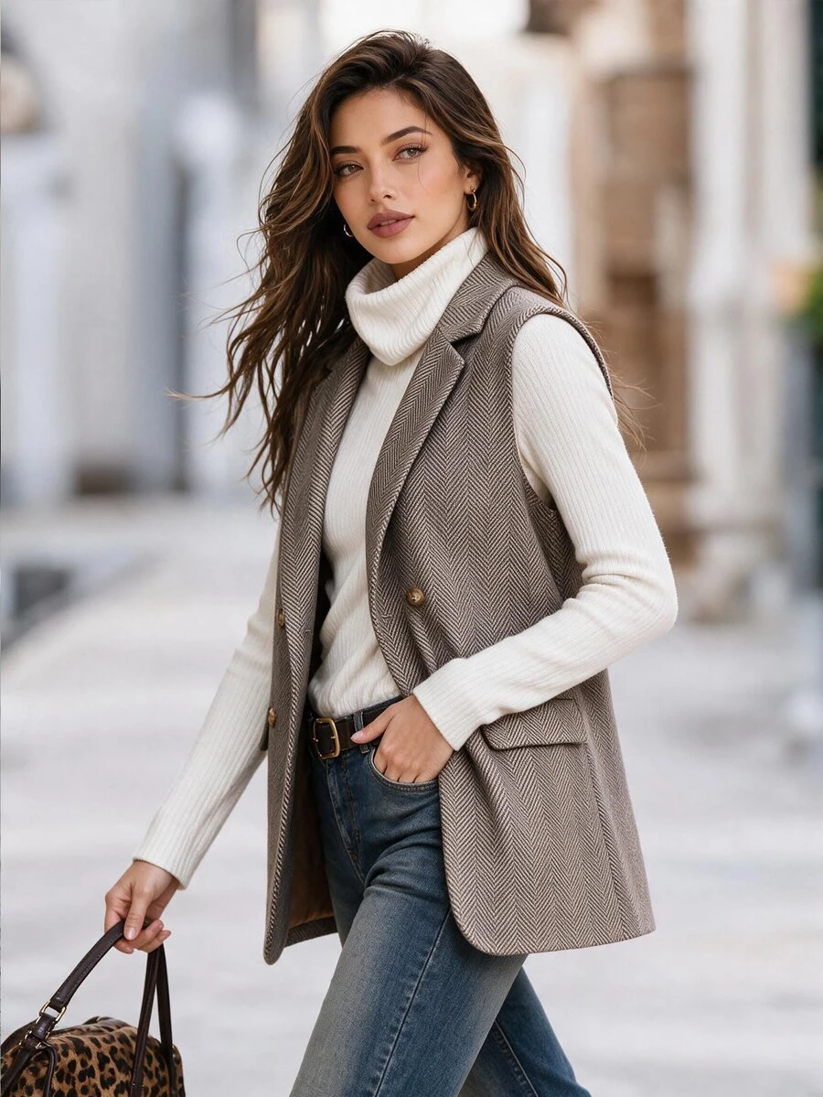 Editum Women's Herringbone Double-Breasted Sleeveless Blazer Summer Office Business Brown And White Polka Dot Casual