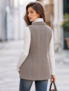 Editum Women's Herringbone Double-Breasted Sleeveless Blazer Summer Office Business Brown And White Polka Dot Casual - Khaki - View 9