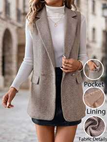 Editum Women's Herringbone Double-Breasted Sleeveless Blazer Summer Office Business Brown And White Polka Dot Casual - Khaki - View 4