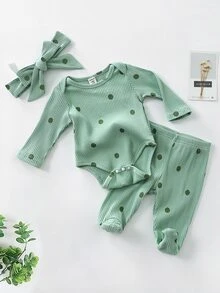 Baby Girl Polka Dot Print Sleep Bodysuit & Footed Sleep Pants & Headband Autumn Fall - Green - View 1